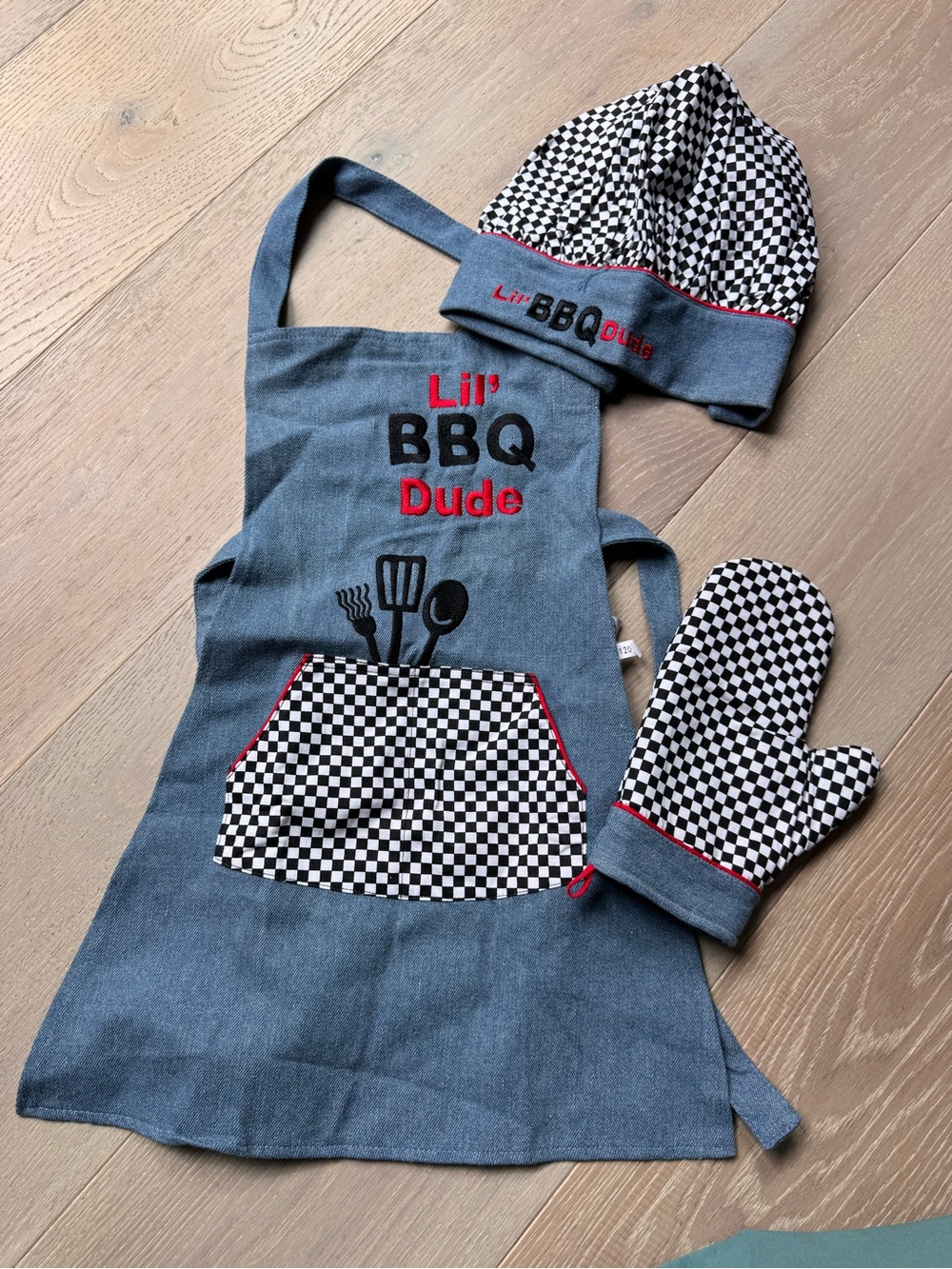 NWOT Lil' BBQ Dude Kids Apron Set with Hat & Mitt - Denim Blue